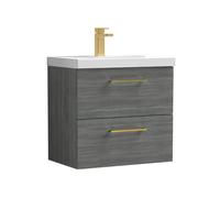 Balterley 600mm Wall Hung Bathroom 2 Drawer Vanity Unit and 1 Tap Hole Ceramic Basin, Woodgrain Anthracite with Brushed Brass Handles