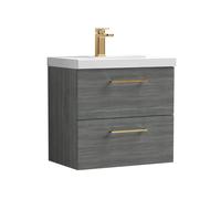 Balterley 600mm Wall Hung Bathroom 2 Drawer Vanity Unit and 1 Tap Hole Ceramic Basin, Woodgrain Anthracite with Brushed Bronze Handles