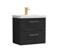 Balterley 600mm Wall Hung Bathroom 2 Drawer Vanity Unit and 1 Tap Hole Ceramic Basin, Woodgrain Black with Brushed Brass Handles
