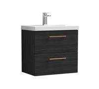 Balterley 600mm Wall Hung Bathroom 2 Drawer Vanity Unit and 1 Tap Hole Ceramic Basin, Woodgrain Black with Copper Handles