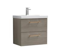Balterley 600mm Wall Hung Bathroom 2 Drawer Vanity Unit and 1 Tap Hole Ceramic Basin, Woodgrain Mid Oak with Copper Handles