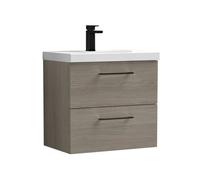 Balterley 600mm Wall Hung Bathroom 2 Drawer Vanity Unit And 1 Tap Hole Ceramic Basin, Woodgrain Mid Oak With Black Handles