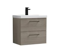 Balterley 600mm Wall Hung Bathroom 2 Drawer Vanity Unit and 1 Tap Hole Ceramic Basin, Woodgrain Mid Oak with Black Handles