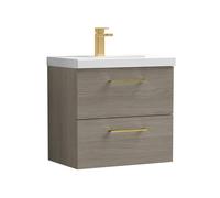 Balterley 600mm Wall Hung Bathroom 2 Drawer Vanity Unit and 1 Tap Hole Ceramic Basin, Woodgrain Mid Oak with Brushed Brass Handles