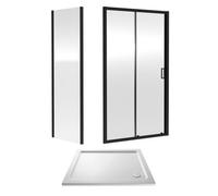 6mm Toughened Safety Glass Sliding Shower Door, Side Panel and Shower Tray - 1000 x 760 x 1900mm - Matt Black Frame - White Tray
