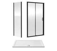 Balterley 6mm Toughened Safety Glass Sliding Shower Door, Side Panel And Shower Tray - 1400 X 700 X 1900mm - Matt Black Frame - White Tray