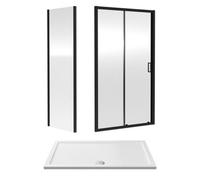 Balterley 6mm Toughened Safety Glass Sliding Shower Door, Side Panel And Shower Tray - 1400 X 800 X 1900mm - Matt Black Frame - White Tray