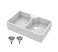 Balterley 795mm - 2 Bowl Fireclay Butler Kitchen Sink - Stepped Weir, Tap Ledge & Wastes
