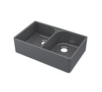Balterley 795mm Butler Kitchen Sink, Black Double Bowl Flush Weir, No Tap Hole, Durable Butler Fireclay Ceramic Kitchen Sink Bowl, Large Apron Front Farmhouse Sinks - 795 x 500 x 220mm (Soft Black)
