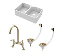 Balterley 795mm Butler Sink Double Bowl with Bridge Lever Mixer Tap & Wastes with Overflow, Durable Butler White Ceramic Kitchen Sink, Apron Front Double Bowl Flush Weir (White/Brushed Brass)
