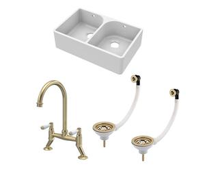 Balterley 795mm Butler Sink Double Bowl with Bridge Lever Mixer Tap & Wastes with Overflow, Durable Butler White Ceramic Kitchen Sink, Apron Front Double Bowl Flush Weir (White/Brushed Brass)