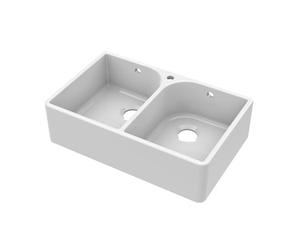 Balterley 795mm Butler White Kitchen Sink, Double Bowl Flush Weir with Overflow Hole & Tap Hole, Durable Butler Fireclay Ceramic Kitchen Sink Bowl, Apron Front Sinks - 795 x 500 x 220mm (White)