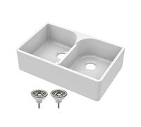 Balterley 795mm Butler White Kitchen Sink, Double Bowl Stepped Weir with 2 Waste, No Tap Hole, Durable Butler Fireclay Ceramic Kitchen Sink Bowl, Farmhouse Sinks - 795 x 500 x 220mm (White)