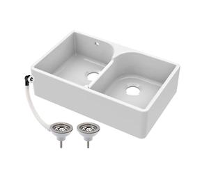 Balterley 795mm Butler White Kitchen Sink, Double Bowl Stepped Weir with 2 Waste with 1 Overflow, Durable Butler Fireclay Ceramic Kitchen Sink Bowl, Farmhouse Sinks - 795 x 500 x 220mm (White)