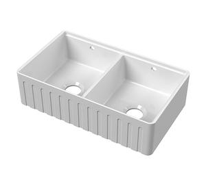 Balterley 795mm Butler White Kitchen Sink, Fluted Front Double Bowl Stepped Weir with Ledge & Overflow Hole, Durable Butler Fireclay Ceramic Kitchen Sink Bowl, Apron Front - 795 x 500 x 220mm (White)