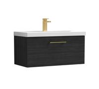 Balterley 800mm Wall Hung 1 Drawer Vanity Unit, Woodgrain Black, Brass Handle in Black Balterley Black