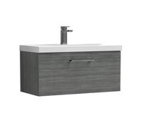 Balterley 800mm Wall Hung Bathroom 1 Drawer Vanity Unit & 1 Tap Hole Ceramic Basin, Woodgrain Anthracite & Brushed Pewter Handle