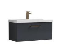 Balterley 800mm Wall Hung Bathroom 1 Drawer Vanity Unit And 1 Tap Hole Ceramic Basin, Satin Dark Grey With Brushed Bronze Handle