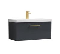Balterley 800mm Wall Hung Bathroom 1 Drawer Vanity Unit And 1 Tap Hole Ceramic Basin, Satin Dark Grey With Brushed Brass Handle