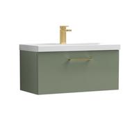 Balterley 800mm Wall Hung Bathroom 1 Drawer Vanity Unit And 1 Tap Hole Ceramic Basin, Satin Green With Brushed Brass Handle