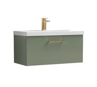 Balterley 800mm Wall Hung Bathroom 1 Drawer Vanity Unit And 1 Tap Hole Ceramic Basin, Satin Green With Brushed Bronze Handle