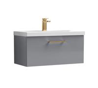 Balterley 800mm Wall Hung Bathroom 1 Drawer Vanity Unit And 1 Tap Hole Ceramic Basin, Satin Grey With Brushed Bronze Handle