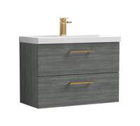Balterley 800mm Wall Hung Bathroom 2 Drawer Vanity Unit and 1 Tap Hole Ceramic Basin, Woodgrain Anthracite with Brushed Bronze Handles