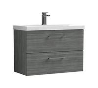 Balterley 800mm Wall Hung Bathroom 2 Drawer Vanity Unit & 1 Tap Hole Ceramic Basin, Woodgrain Anthracite & Brushed Pewter Handles