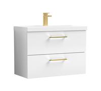 Balterley 800mm Wall Hung Bathroom 2 Drawer Vanity Unit and 1 Tap Hole Ceramic Basin, Gloss White with Brushed Brass Handles