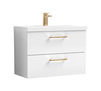 Balterley 800mm Wall Hung Bathroom 2 Drawer Vanity Unit and 1 Tap Hole Ceramic Basin, Gloss White with Brushed Bronze Handles