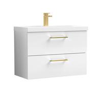 Balterley 800mm Wall Hung Bathroom 2 Drawer Vanity Unit and 1 Tap Hole Ceramic Basin, Gloss White with Brushed Brass Handles