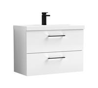 Balterley 800mm Wall Hung Bathroom 2 Drawer Vanity Unit and 1 Tap Hole Ceramic Basin, Gloss White with Black Handles