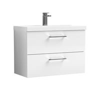 Balterley 800mm Wall Hung Bathroom 2 Drawer Vanity Unit and 1 Tap Hole Ceramic Basin, Gloss White with Brushed Pewter Handles