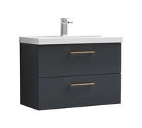 Balterley 800mm Wall Hung Bathroom 2 Drawer Vanity Unit and 1 Tap Hole Ceramic Basin, Satin Dark Grey with Copper Handles