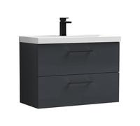 Balterley 800mm Wall Hung Bathroom 2 Drawer Vanity Unit and 1 Tap Hole Ceramic Basin, Satin Dark Grey with Black Handles