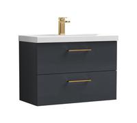 Balterley 800mm Wall Hung Bathroom 2 Drawer Vanity Unit and 1 Tap Hole Ceramic Basin, Satin Dark Grey with Brushed Bronze Handles