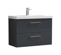 Balterley 800mm Wall Hung Bathroom 2 Drawer Vanity Unit and 1 Tap Hole Ceramic Basin, Satin Dark Grey with Copper Handles