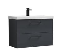 Balterley 800mm Wall Hung Bathroom 2 Drawer Vanity Unit and 1 Tap Hole Ceramic Basin, Satin Dark Grey with Black Handles