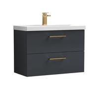 Balterley 800mm Wall Hung Bathroom 2 Drawer Vanity Unit and 1 Tap Hole Ceramic Basin, Satin Dark Grey with Brushed Bronze Handles