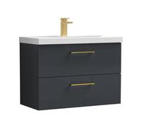 Balterley 800mm Wall Hung Bathroom 2 Drawer Vanity Unit And 1 Tap Hole Ceramic Basin, Satin Dark Grey With Brushed Brass Handles
