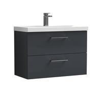 Balterley 800mm Wall Hung Bathroom 2 Drawer Vanity Unit and 1 Tap Hole Ceramic Basin, Satin Dark Grey with Brushed Pewter Handles