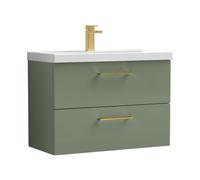 Balterley 800mm Wall Hung Bathroom 2 Drawer Vanity Unit and 1 Tap Hole Ceramic Basin, Satin Green with Brushed Brass Handles