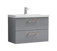 Balterley 800mm Wall Hung Bathroom 2 Drawer Vanity Unit and 1 Tap Hole Ceramic Basin, Satin Grey with Copper Handles