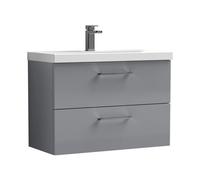 Balterley 800mm Wall Hung Bathroom 2 Drawer Vanity Unit and 1 Tap Hole Ceramic Basin, Satin Grey with Brushed Pewter Handles