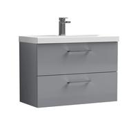Balterley 800mm Wall Hung Bathroom 2 Drawer Vanity Unit and 1 Tap Hole Ceramic Basin, Satin Grey with Brushed Pewter Handles