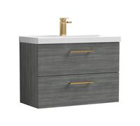 Balterley 800mm Wall Hung Bathroom 2 Drawer Vanity Unit and 1 Tap Hole Ceramic Basin, Woodgrain Anthracite with Brushed Bronze Handles