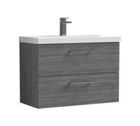 Balterley 800mm Wall Hung Bathroom 2 Drawer Vanity Unit and 1 Tap Hole Ceramic Basin, Woodgrain Anthracite with Brushed Pewter Handles