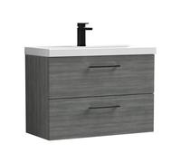 Balterley 800mm Wall Hung Bathroom 2 Drawer Vanity Unit and 1 Tap Hole Ceramic Basin, Woodgrain Anthracite with Black Handles