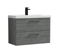 Balterley 800mm Wall Hung Bathroom 2 Drawer Vanity Unit and 1 Tap Hole Ceramic Basin, Woodgrain Anthracite with Black Handles