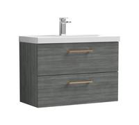 Balterley 800mm Wall Hung Bathroom 2 Drawer Vanity Unit and 1 Tap Hole Ceramic Basin, Woodgrain Anthracite with Copper Handles